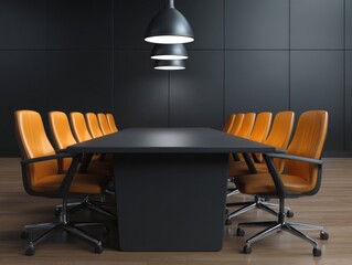 Business meeting setup in modern conference room with stylish black and orange decor
