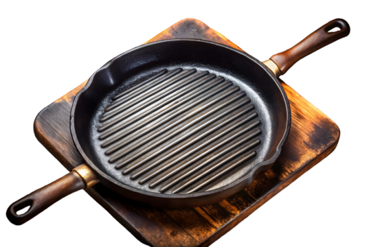 Old cast iron griddle isolated on transparent background