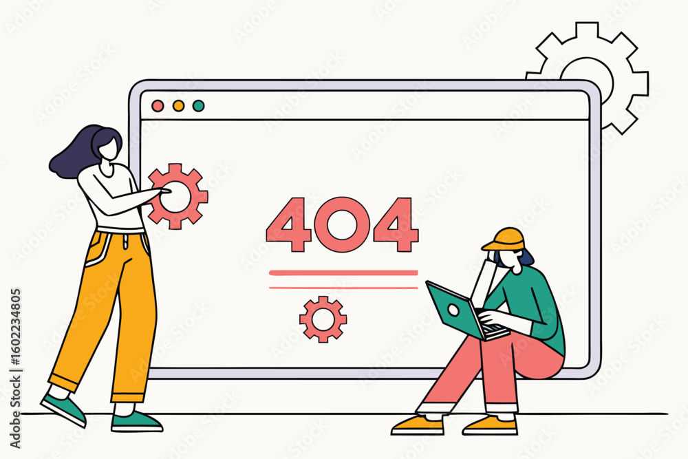 Poster creative illustration of a 404 error page with two people fixing the issue in a tech environment, sh