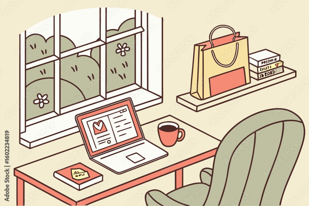 Poster Cozy workspace with computer and coffee at a window overlooking greenery in a bright and cheerful room setting