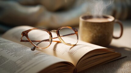 Glasses Resting on Open Book and Coffee Mug Beside