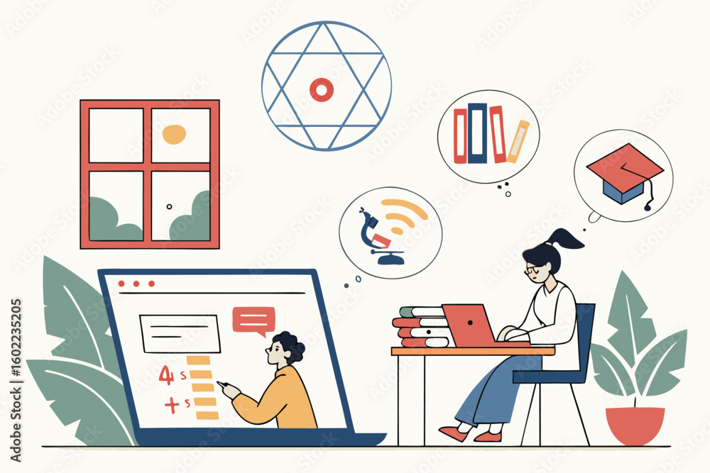Poster learning environment with a student studying online, exploring subjects like mathematics and science