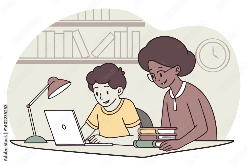 Poster two individuals engaged in a collaborative study session at a cozy workspace, focusing on learning w