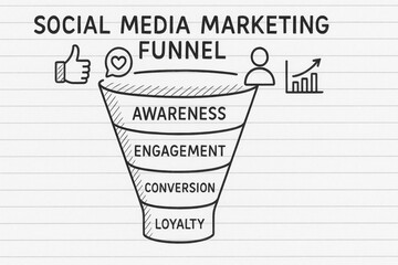 Social media marketing funnel illustrates stages of awareness, engagement, conversion, and loyalty, emphasizing importance of each step in building customer relationships