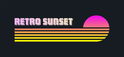 Vintage colorful sunset. Various gradient striped sunrise badges in 80s and 90s style. Sun and ocean view, summer vibes, surfing. Design element for print, logo or t-shirt. Vector illustration