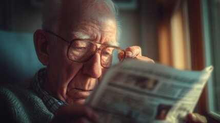Elderly Man Adjusting Glasses While Reading Newspaper