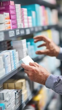 Healthcare Selection: An individual reaches for a specific medication on a store shelf amidst a carefully arranged display of pharmaceuticals, emphasizing choices