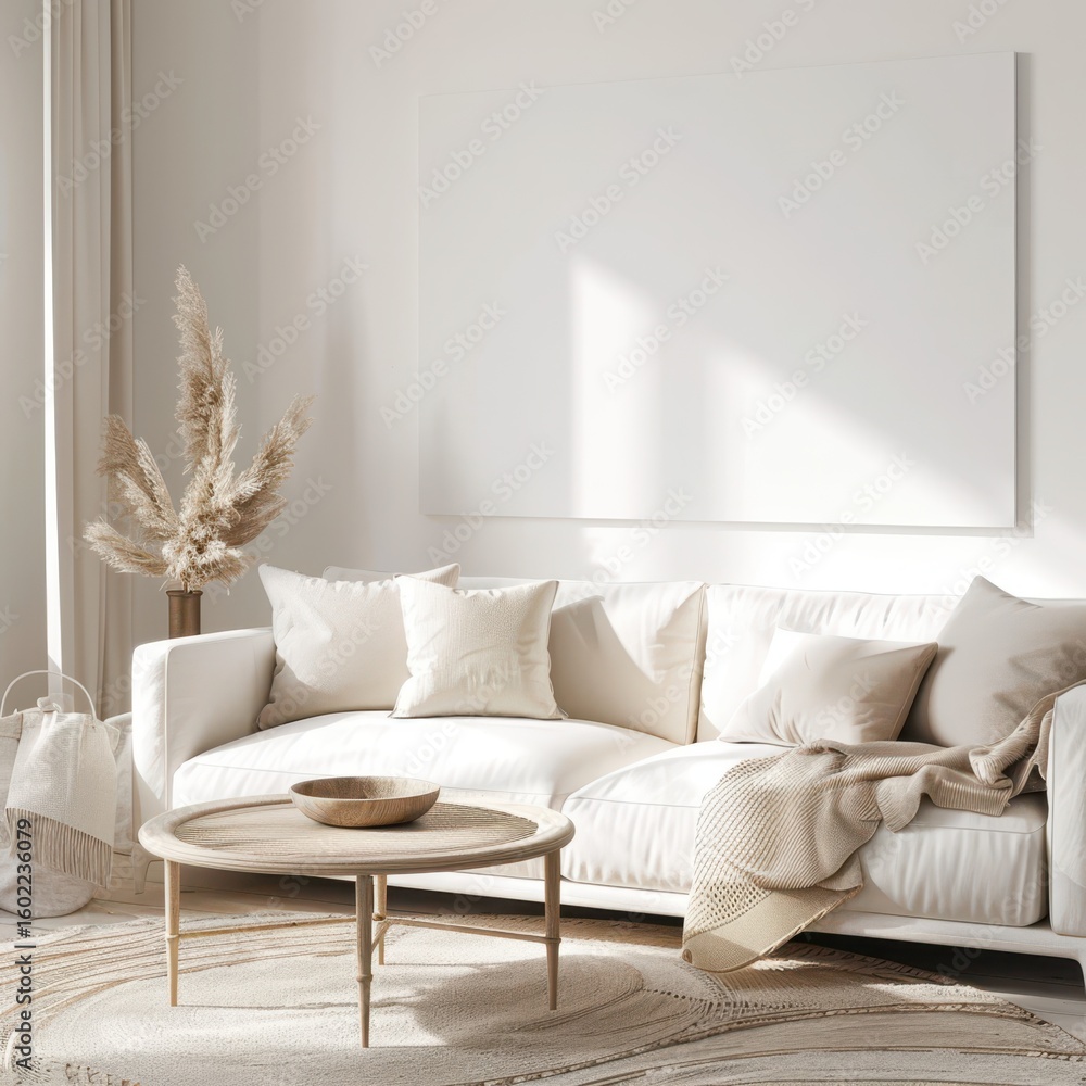 Poster a white sofa with pillows and a throw blanket sits in front of a large blank canvas in a minimal liv