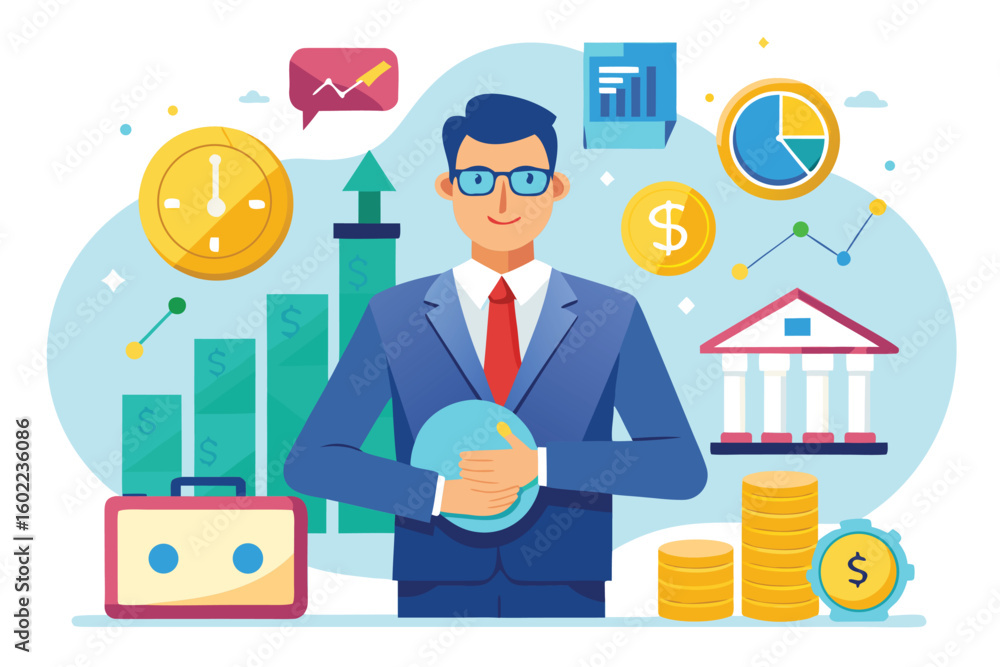 Poster business professional holds a globe while analyzing financial graphs and symbols related to investme
