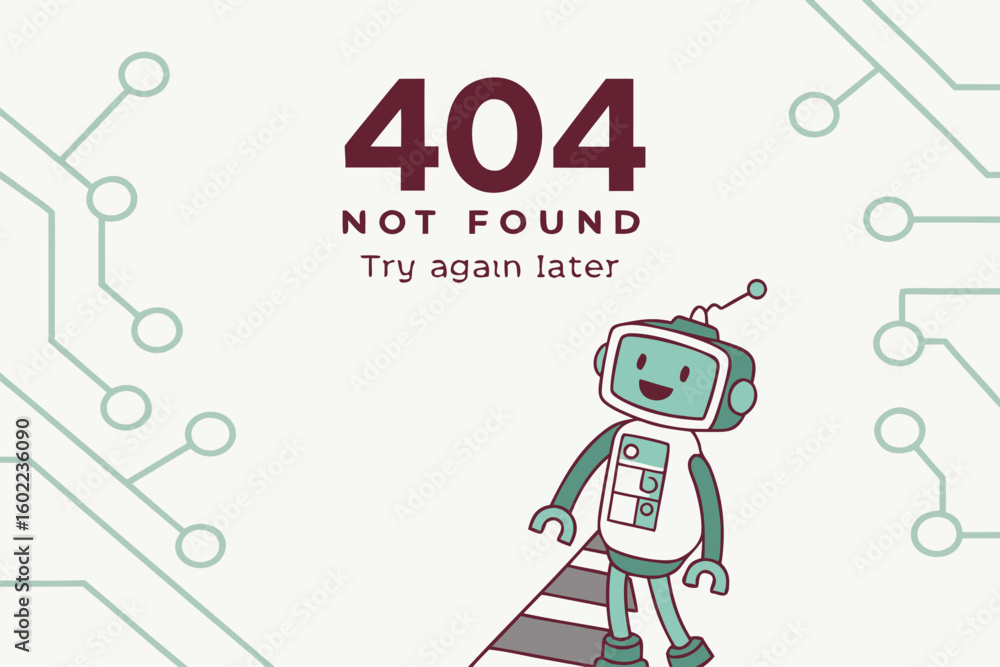 Poster 404 not found illustration featuring a cartoon robot on a circuit background with a playful and colo