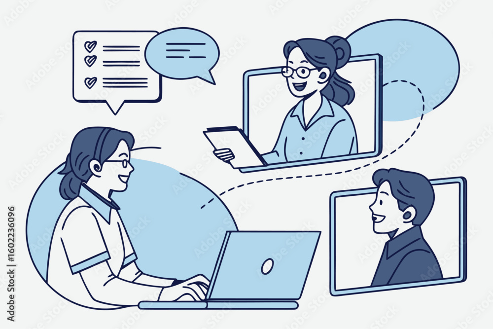 Poster engaging online communication among colleagues through video calls and messaging in a modern workspa