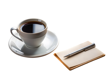 Cup of coffee on desk between keyboard and clipboard isolated on transparent background