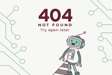 404 Not Found illustration featuring a cartoon robot on a circuit background with a playful and colorful design