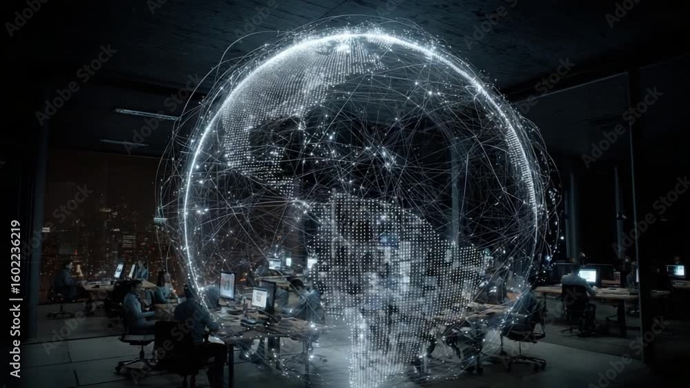 Poster global network's pulse: within a dark room, a spherical data visualization representing global conne