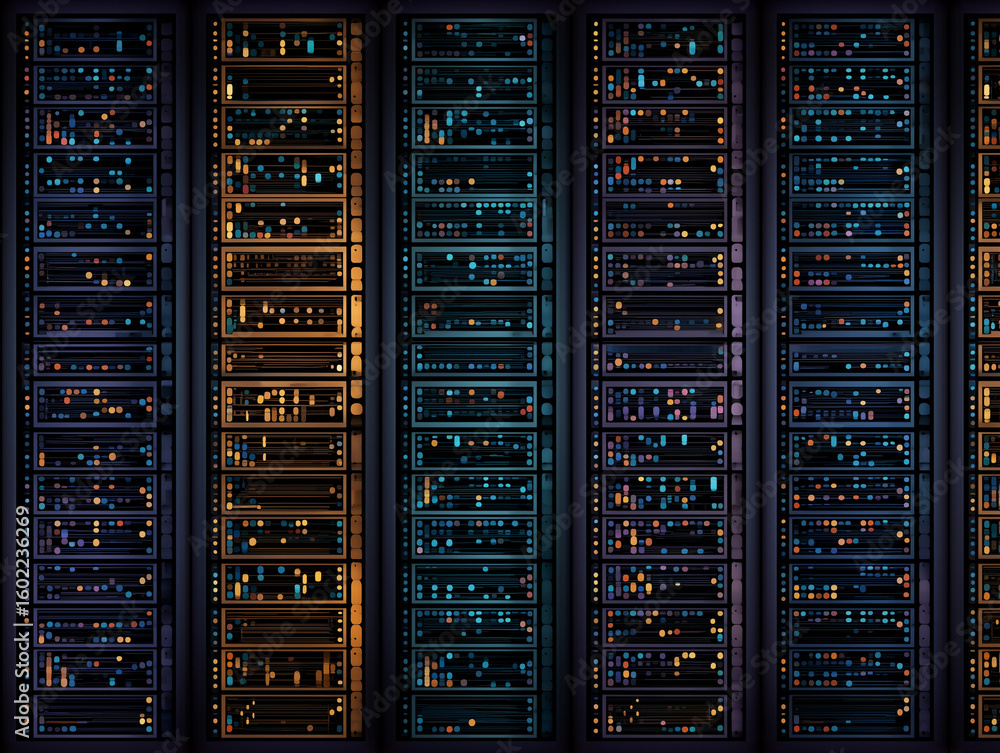 Poster dynamic server room showcasing data processing, technology, and digital transformation for modern bu