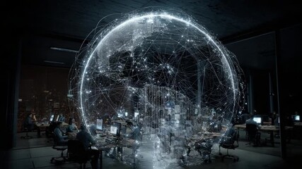 Global Network's Pulse: Within a dark room, a spherical data visualization representing global connectivity hangs. - Powered by Adobe