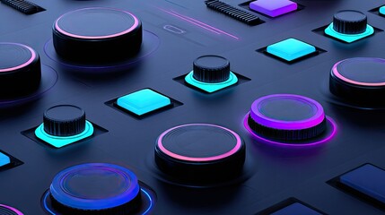 Abstract close-up of a dark surface with numerous circular and square buttons, knobs, and sliders, illuminated by neon pink, purple, and cyan accents, creating a futuristic, technological aesthetic