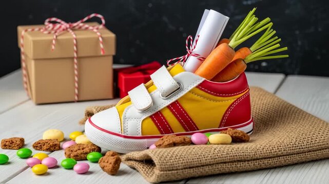 Childrens shoe and pepernoten for Sinterklaas and carrot for horse treat stands in front of hot fireplace. Celebration concept for children party in Saint Nicolas day five december. 