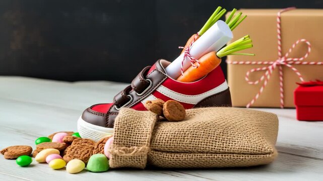 Childrens shoe and pepernoten for Sinterklaas and carrot for horse treat stands in front of hot fireplace. Celebration concept for children party in Saint Nicolas day five december. 