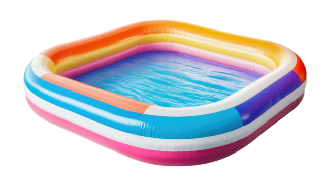 Title: Bright and Colorful Inflatable Swimming Pool for Kids and Outdoor Water Fun Isolated on White Background