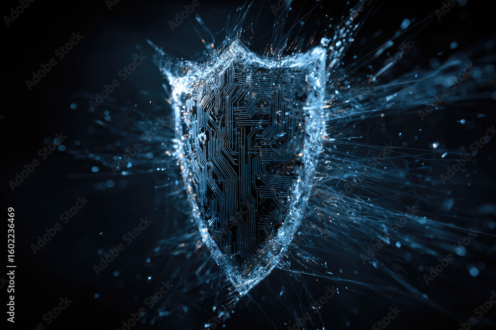Aufkleber concept of cyber attack.cyber security destroyed.shield destroyed on electric circuits network dark 
