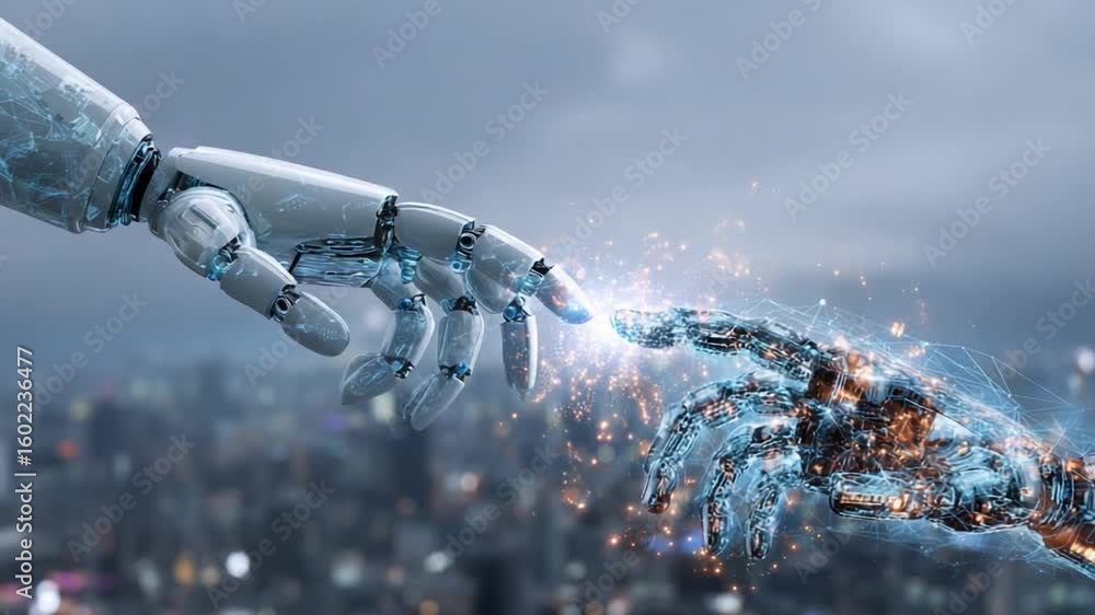 Aufkleber human and ai: a scene of advanced technology with a robot hand and human hand touching each other wi