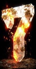 Glowing, fractured number seven, engulfed in fiery, earthy debris