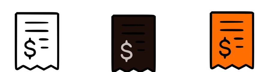 Three simple illustrations of receipts in different colors.