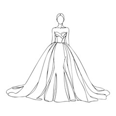 Fototapeta premium Vector line art of a model wearing a glamorous evening gown, perfect for Bachelorette Party or wedding design themes
