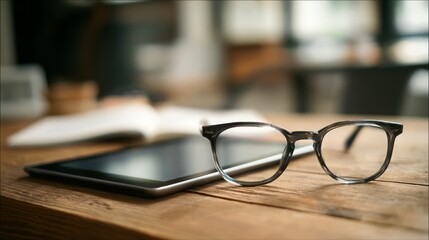 Desk with Folded Glasses and Digital Tablet