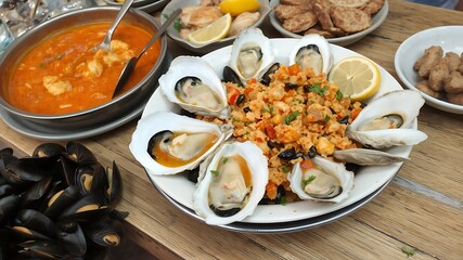 Photo of a delightful seafood platter featuring oysters, mussels, and a rich seafood soup