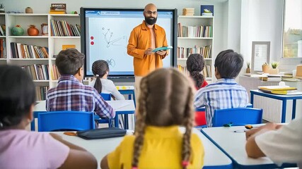 Male teacher leads a lesson on an interactive whiteboard for a diverse class of young students in a modern classroom - Powered by Adobe