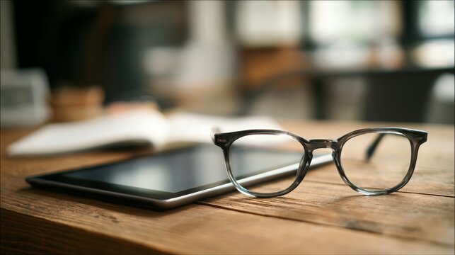 Desk with Folded Glasses and Digital Tablet