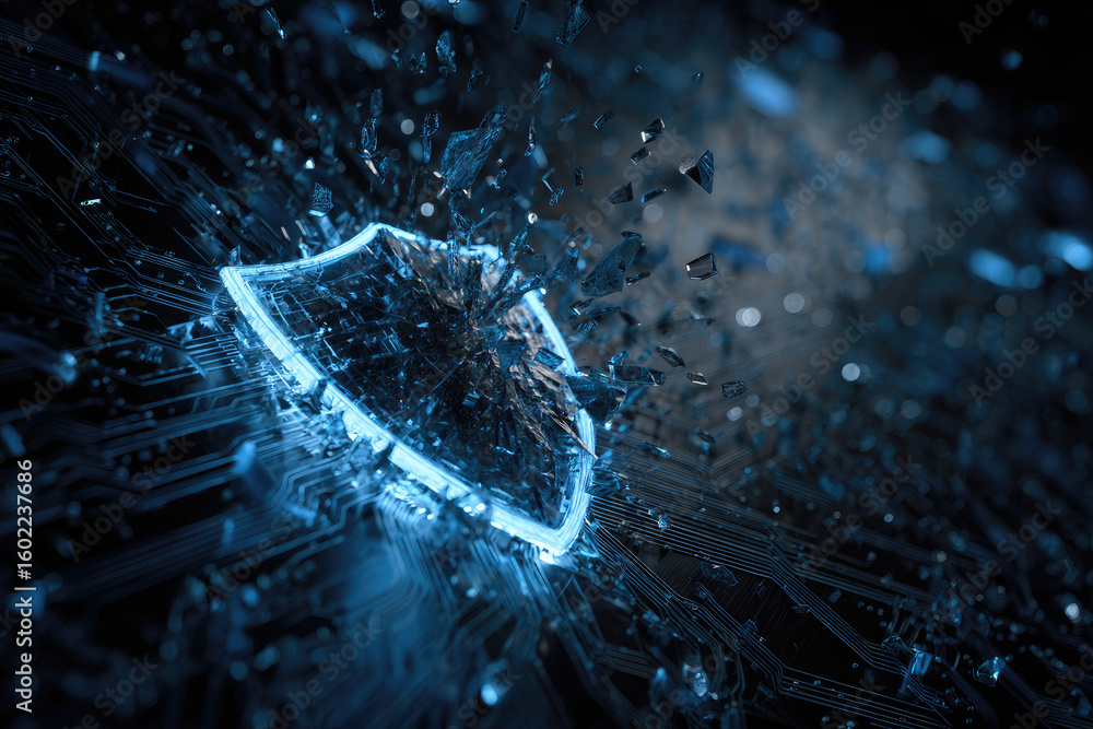 Aufkleber concept of cyber attack.cyber security destroyed.shield destroyed on electric circuits network dark 