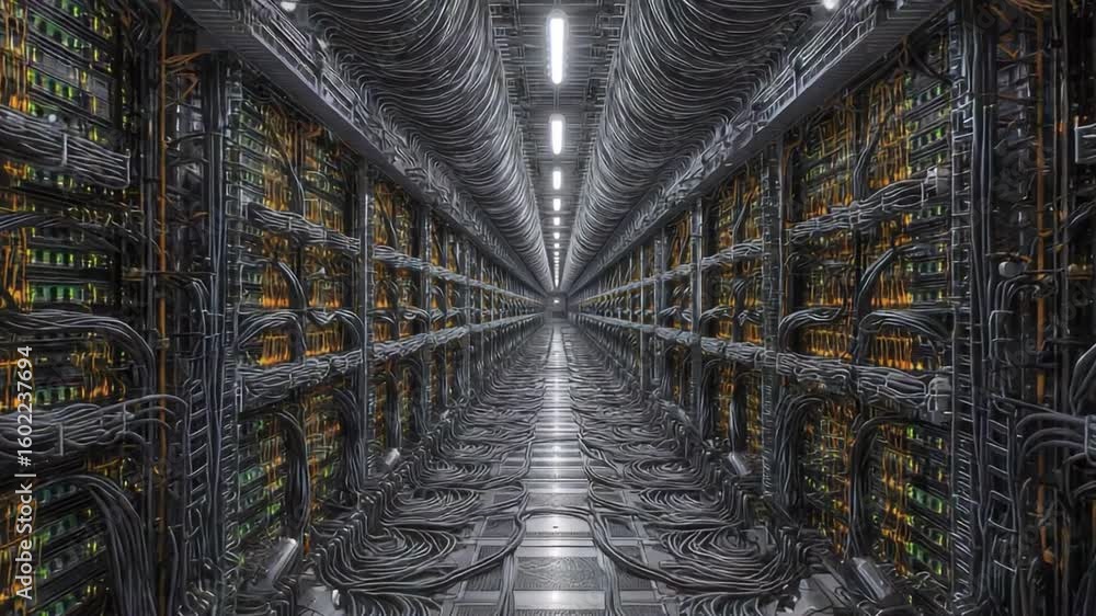 Poster data center tunnel: a mesmerizing, futuristic corridor within a data center, filled with servers and