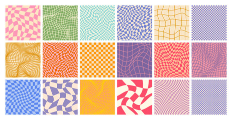Groovy checkered pattern, colorful distorted tiled grid. Vintage wavy curved backdrop, distortion effect. Funky geometric chessboard texture, retro background in 90s style, y2k. Vector illustration