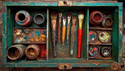 Vintage paint box, organized with paints and brushes