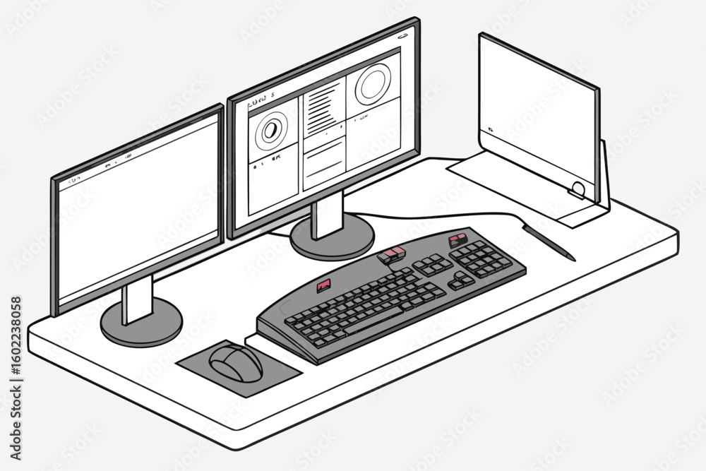 Poster dual monitor workstation setup with keyboard, mouse, and additional laptop on a clean desk designed 