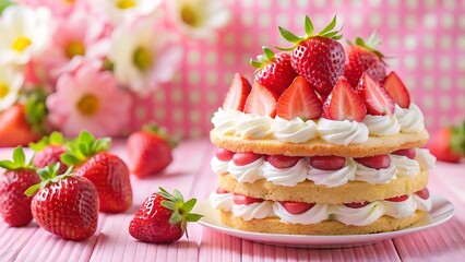 Delicious strawberry cake layers whipped cream