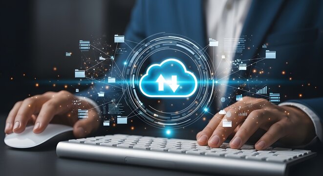 Person using computer with glowing cloud technology interface