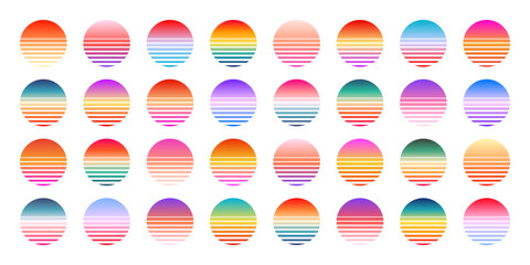 Vintage colorful sunset. Striped gradient sunrise badges in 80s and 90s style. Sun and ocean view, summer vibes, surfing. Design element for print, logo or t-shirt. Vector illustration