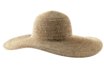 Young woman wearing wide‑brimmed straw beach hat isolated on transparent PNG background — high‑resolution cutout perfect for summer vacation graphics, coastal fashion design, travel brochure layouts