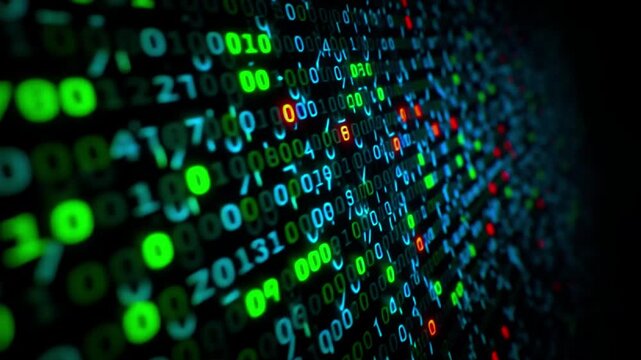 Captivating digital display of binary code showcases vibrant green, red, and blue numbers against dark background, evoking sense of technology and data processing in mesmerizing visual experience