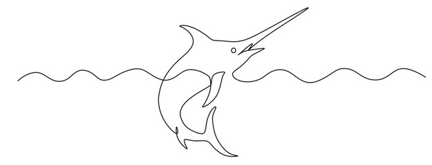 continuous line art of a barracuda swimming on the surface of the ocean.