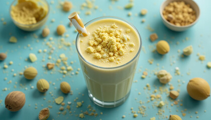 Creamy yellow smoothie topped with crumbled nuts sits in glass with striped straw, surrounded by scattered nuts and crumbs on light blue background, creating fresh and inviting scene