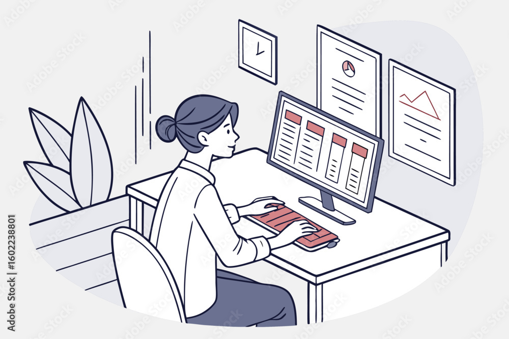 Poster woman working at desk with computer displaying graphs and charts during a business presentation in a