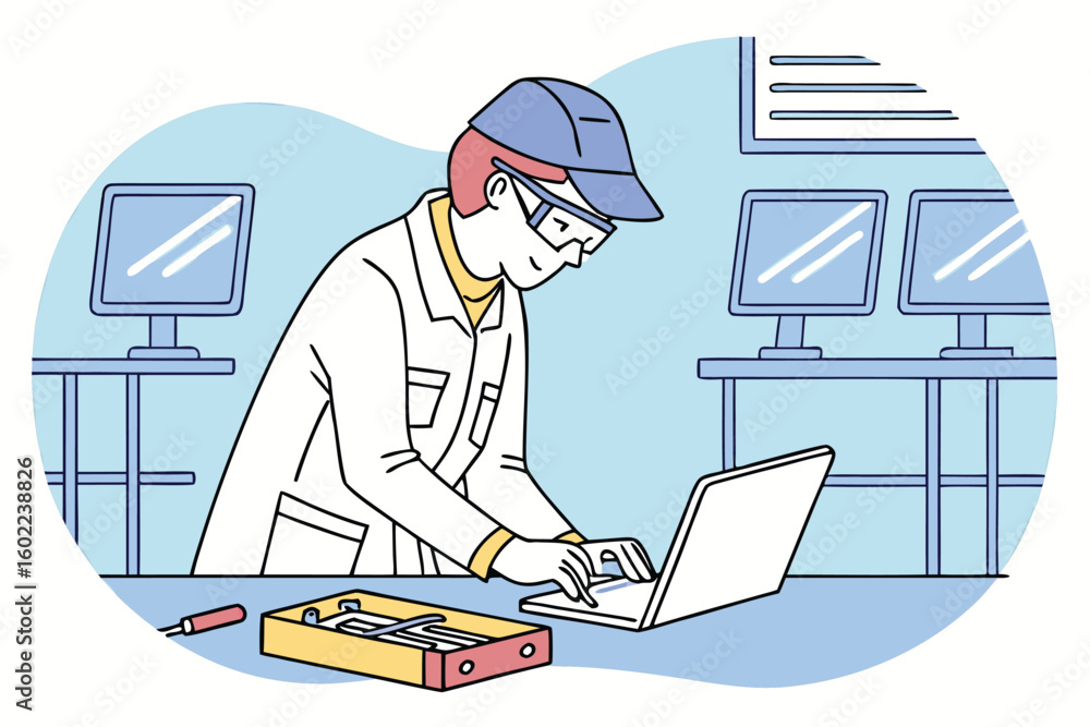 Poster technician working diligently on a laptop in a modern computer lab setting during daytime hours