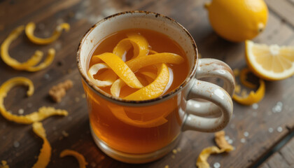 Warm mug of spiced tea with lemon peel curls on rustic wooden table, surrounded by scattered lemon peels and whole lemon, evokes cozy and inviting atmosphere