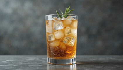 Refreshing glass of iced tea with ice cubes and sprig of rosemary, set against blurred background. drink amber color contrasts with clear glass and ice, creating crisp and inviting appearance
