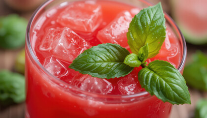 Refreshing glass of watermelon juice with ice cubes and garnish of fresh mint leaves, creating vibrant and thirst quenching summer drink